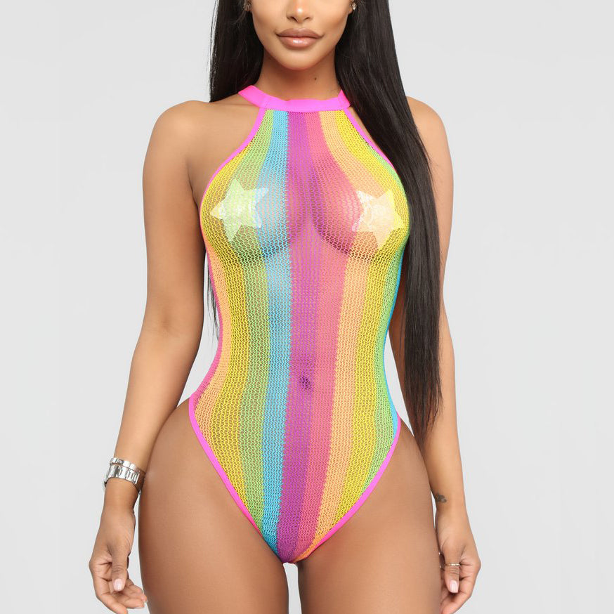 Traje de baño sexy de malla con cuello halter a juego de colores