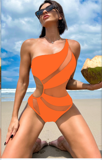 Bikinx Contrast Mesh One Shoulder One Piece Swimsuit
