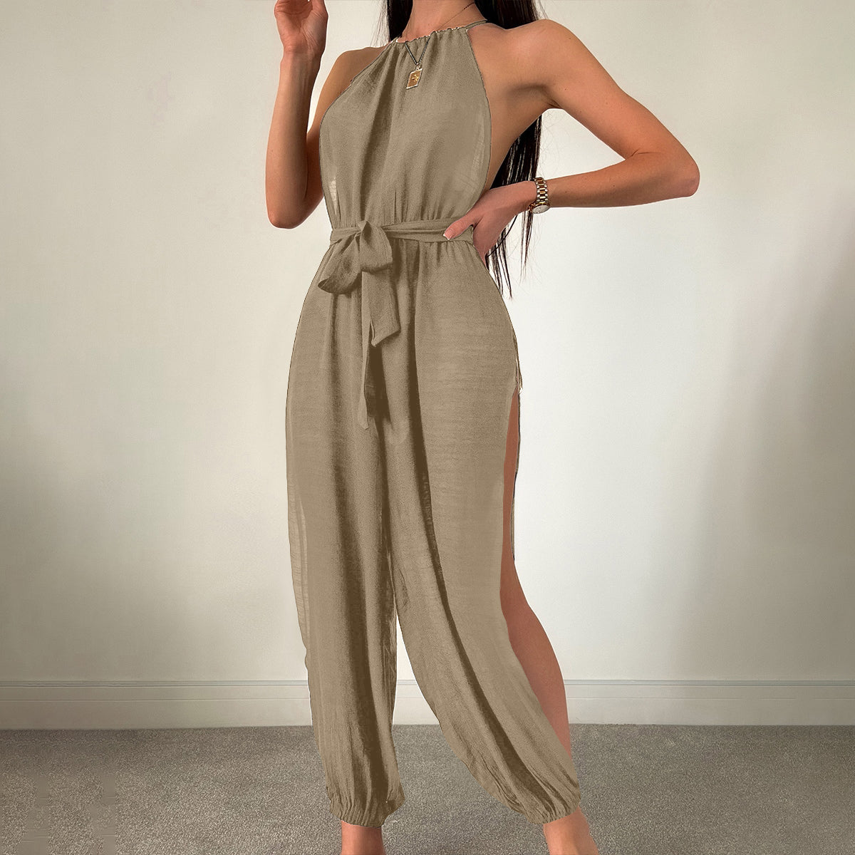 Sleeveless Beach Cover Up Solid Color All Matching Tied Jumpsuit Slim Fit Slimming Sun Protection Clothing Women