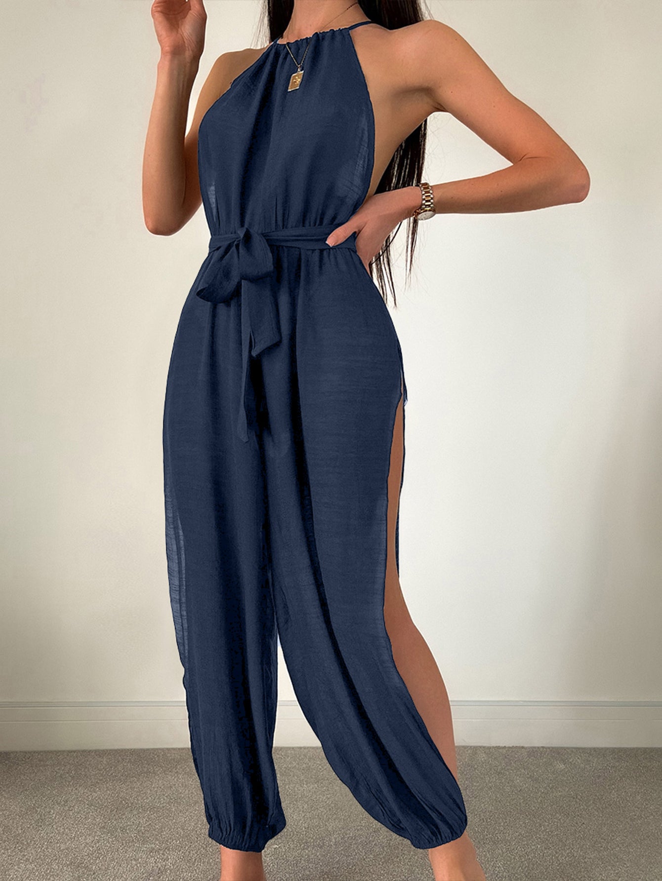 Sleeveless Beach Cover Up Solid Color All Matching Tied Jumpsuit Slim Fit Slimming Sun Protection Clothing Women