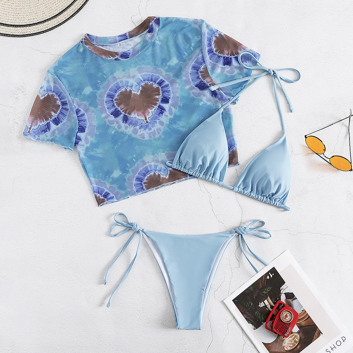 Bikini de tres piezas de manga corta con protección solar y blusa, traje de baño dividido