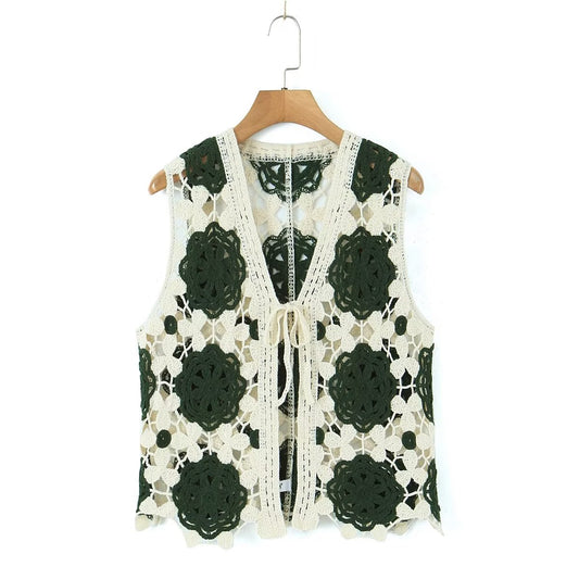 Spring Arrival Contrast Color Crocheted Top Comfort Casual Women Clothing Hong Kong Retro Hollow Out Cutout Design Vest