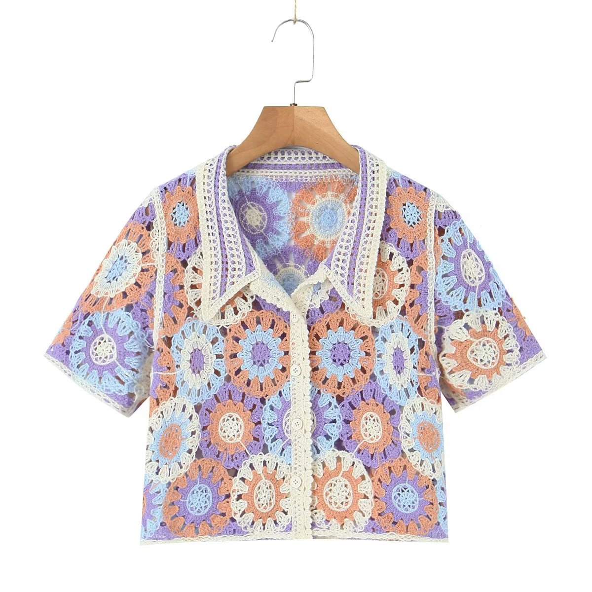 Retro Lapels Crocheted Top Spring Women Clothing Years Contrast Color Breasted Short Sweater