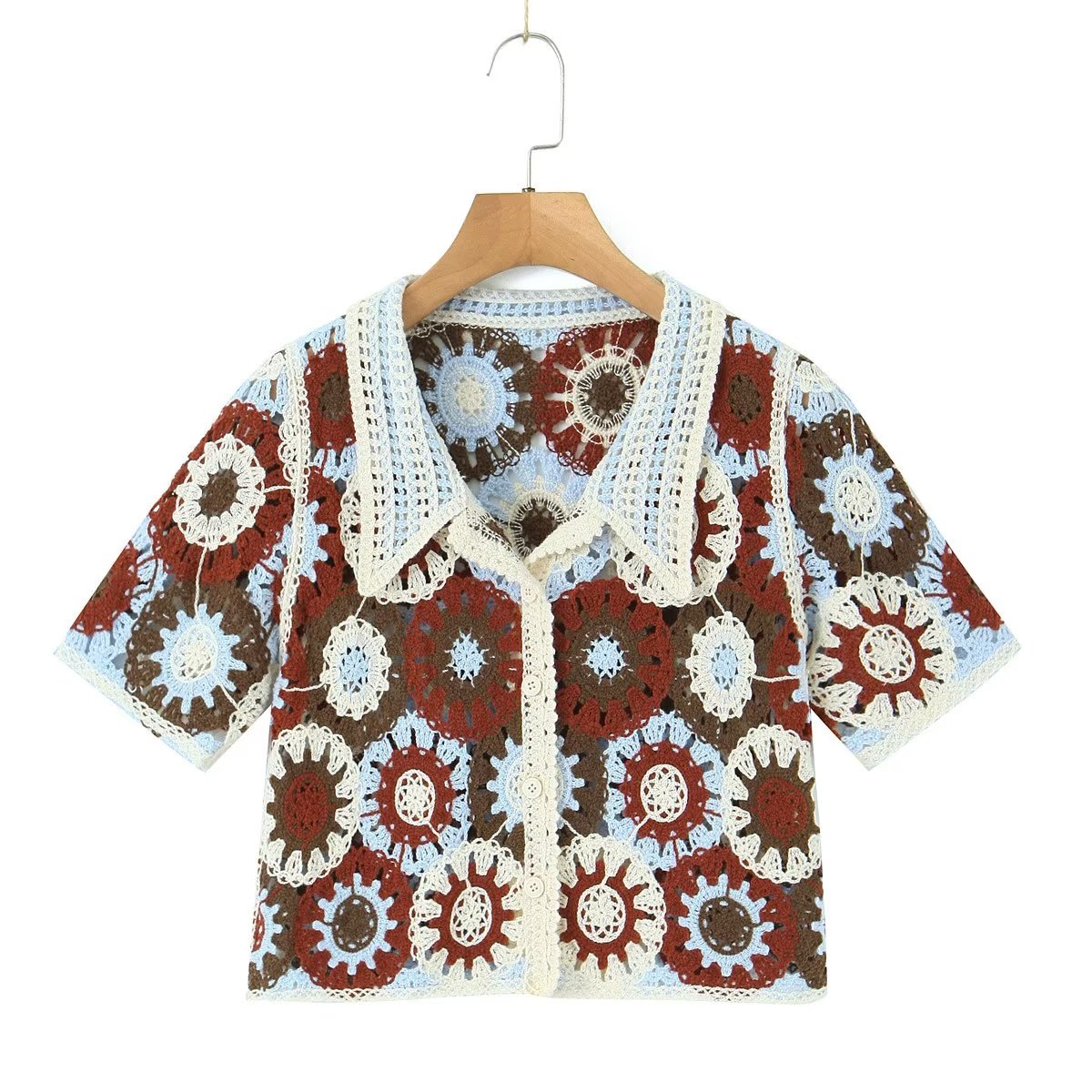 Retro Lapels Crocheted Top Spring Women Clothing Years Contrast Color Breasted Short Sweater