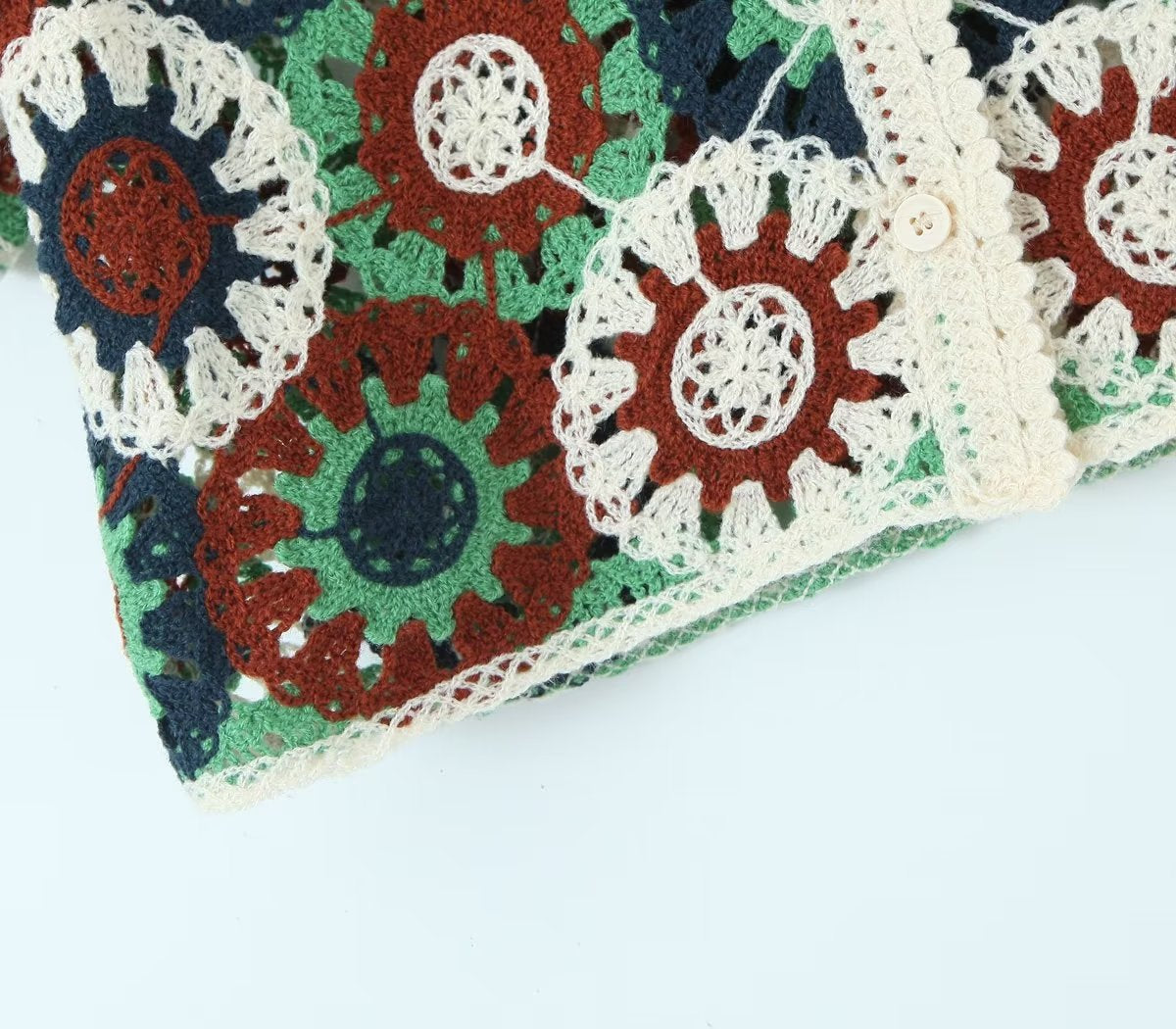 Retro Lapels Crocheted Top Spring Women Clothing Years Contrast Color Breasted Short Sweater