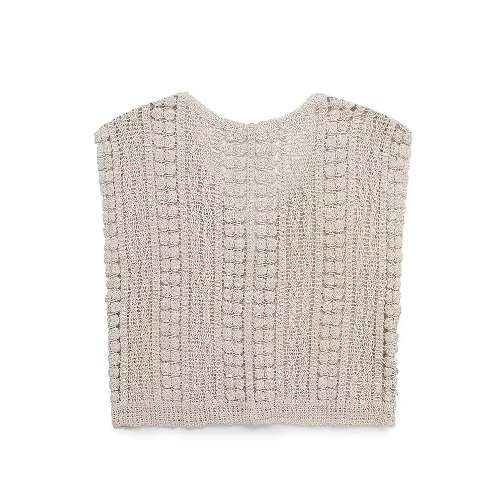 Hollow Out Cutout Crocheted V-neck Vest Knitwear Summer Outerwear Cover-up Sleeveless T-shirt Korean Top for Women