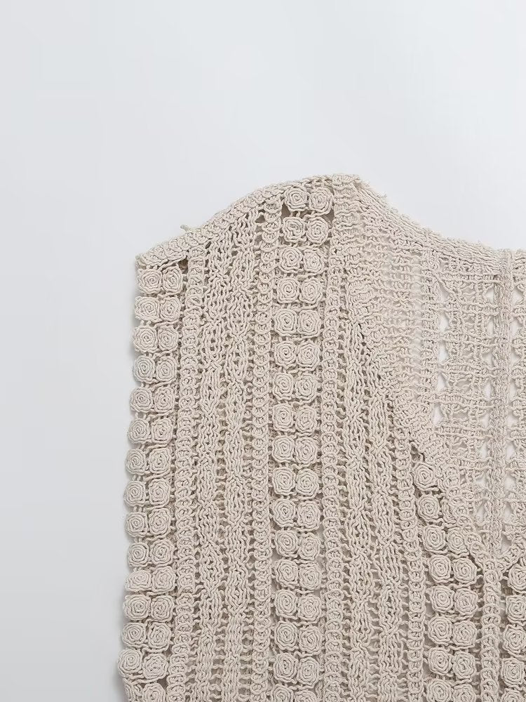 Hollow Out Cutout Crocheted V-neck Vest Knitwear Summer Outerwear Cover-up Sleeveless T-shirt Korean Top for Women