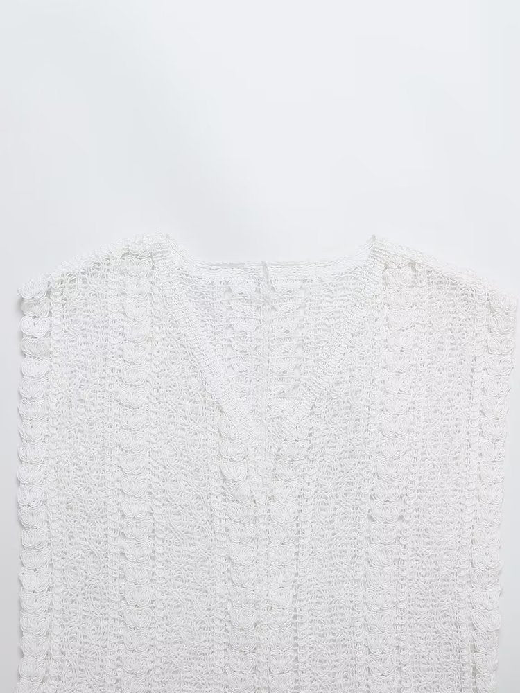Hollow Out Cutout Crocheted V-neck Vest Knitwear Summer Outerwear Cover-up Sleeveless T-shirt Korean Top for Women