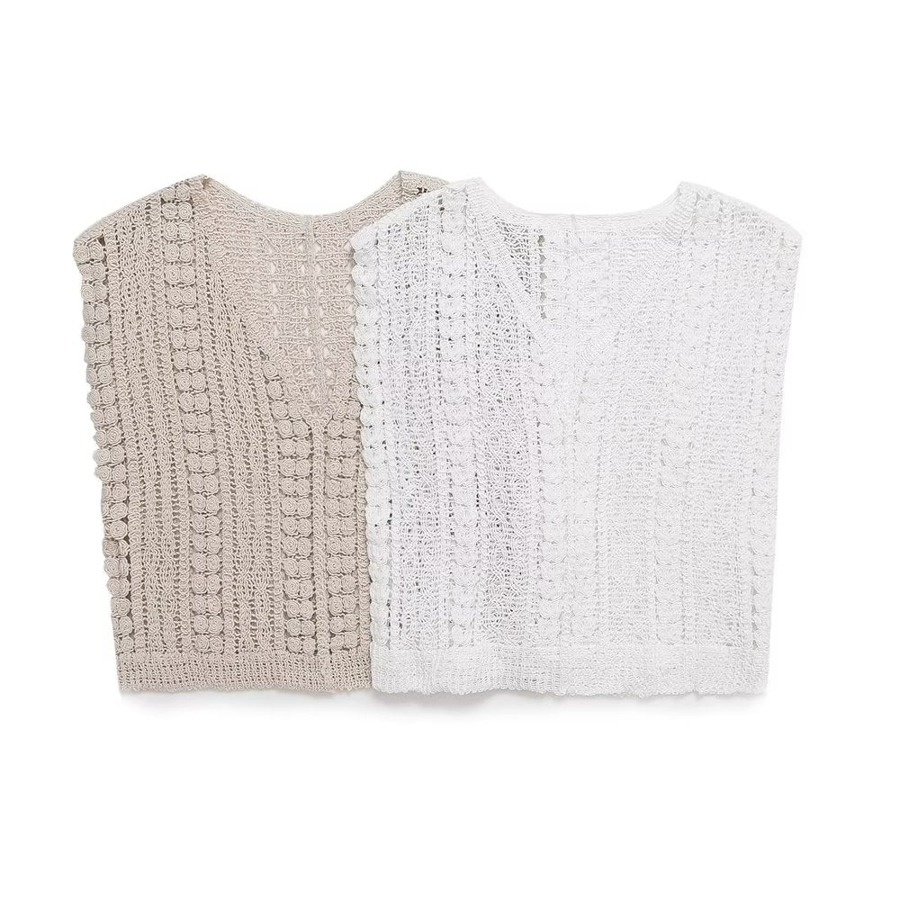 Hollow Out Cutout Crocheted V-neck Vest Knitwear Summer Outerwear Cover-up Sleeveless T-shirt Korean Top for Women