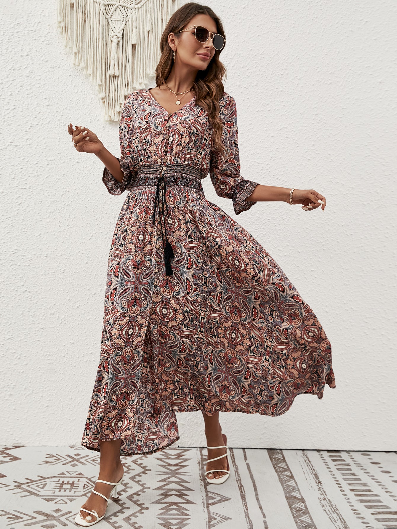Women Summer New Arrival Cotton Positioning Printed Seven Sleeve Belted Bohemian Dress Travel Vacation Buckle Beach Dress