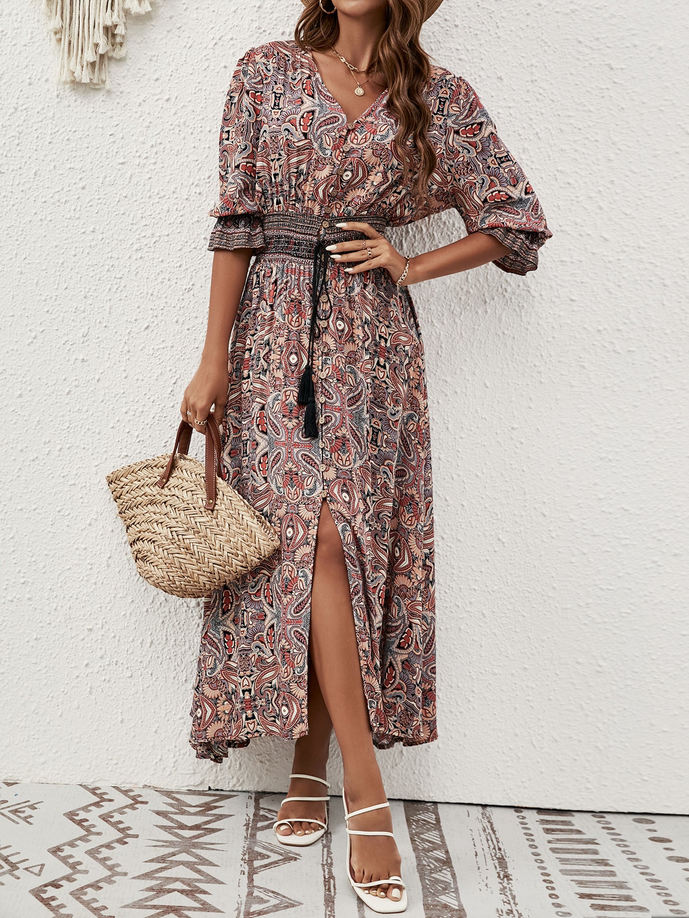 Women Summer New Arrival Cotton Positioning Printed Seven Sleeve Belted Bohemian Dress Travel Vacation Buckle Beach Dress