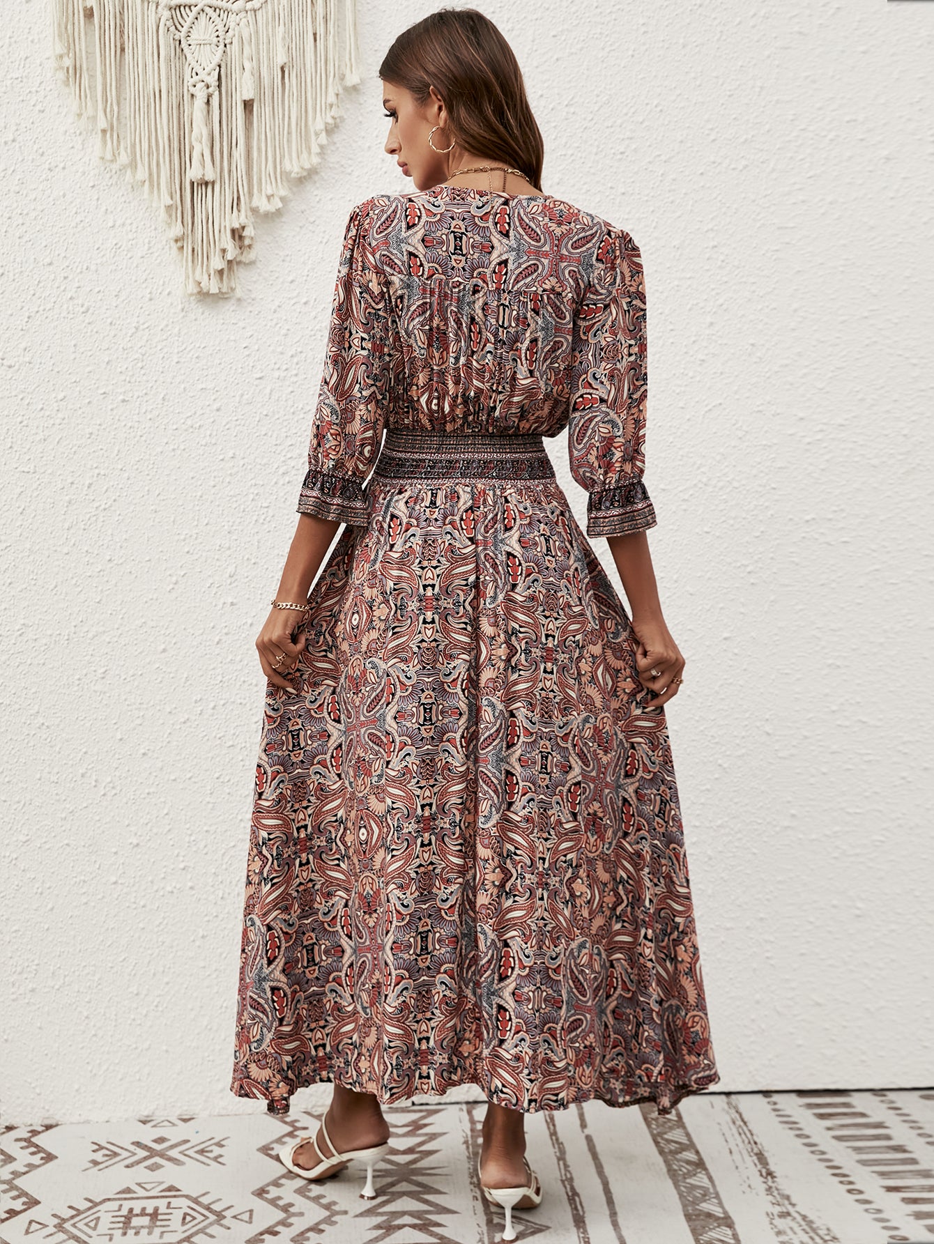 Women Summer New Arrival Cotton Positioning Printed Seven Sleeve Belted Bohemian Dress Travel Vacation Buckle Beach Dress