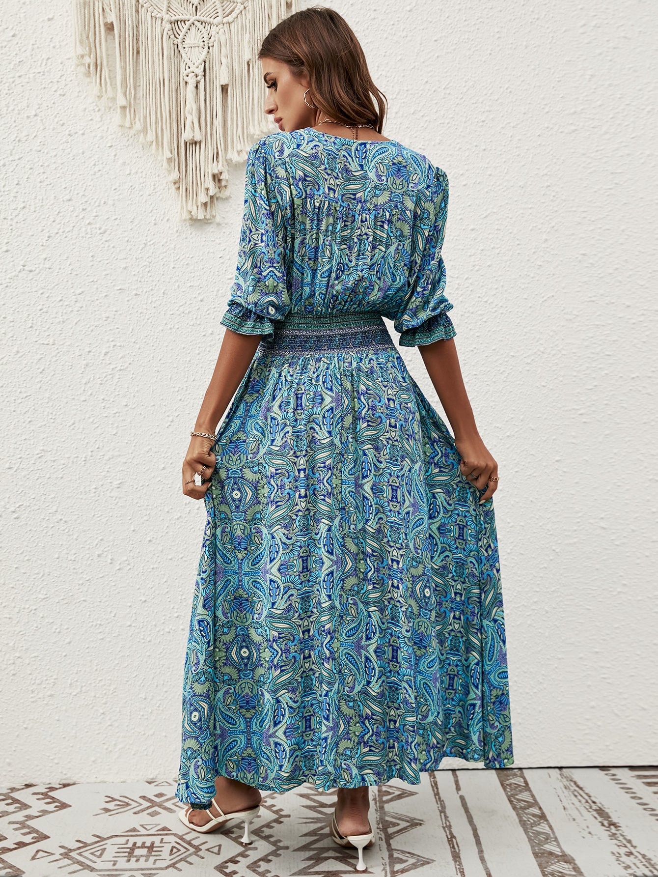 Women Summer New Arrival Cotton Positioning Printed Seven Sleeve Belted Bohemian Dress Travel Vacation Buckle Beach Dress