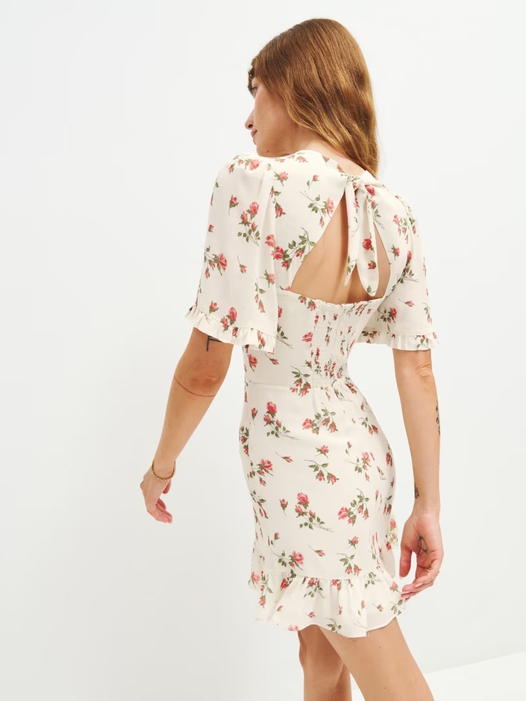 French Pastoral Fresh Floral Slim Fitting Stringy Selvedge Lace-up Dress Rose Printed Short Dress