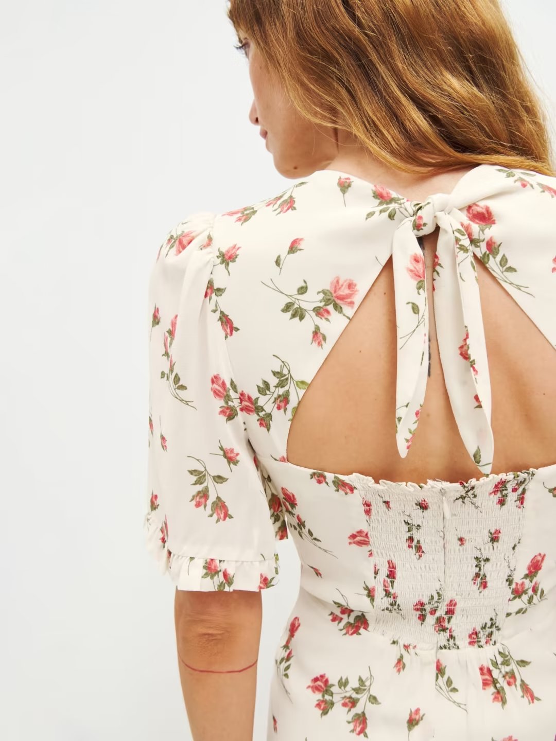 French Pastoral Fresh Floral Slim Fitting Stringy Selvedge Lace-up Dress Rose Printed Short Dress