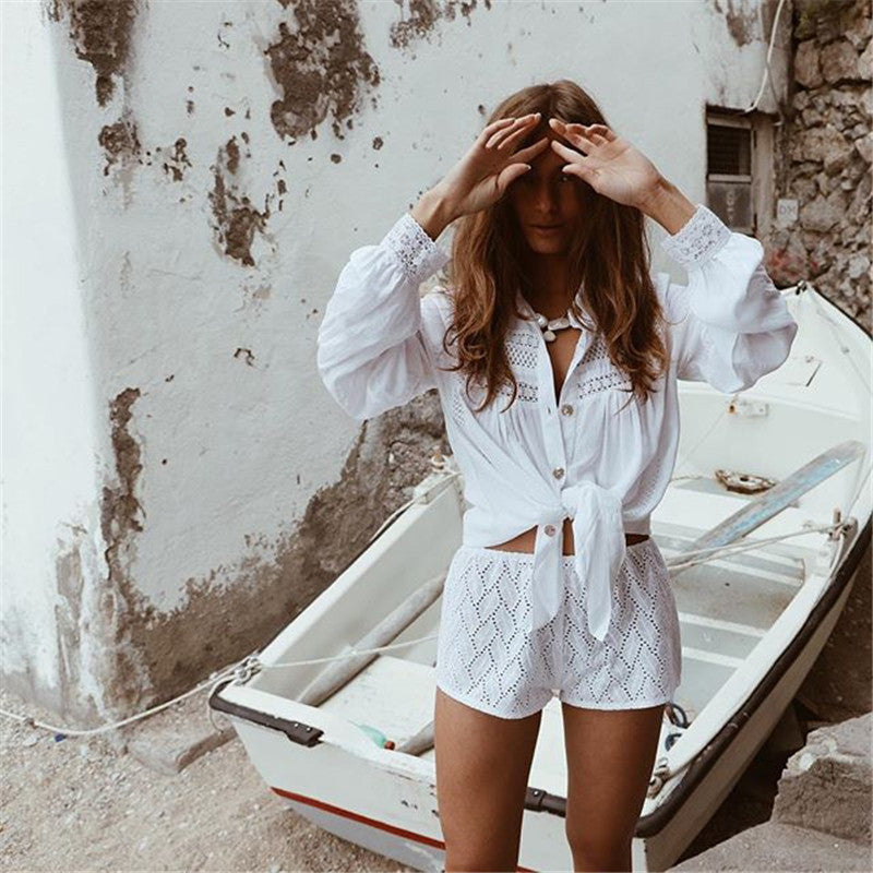 Camisa de encaje con costuras, pareo playero, cárdigan sexy para vacaciones, pareo de bikini