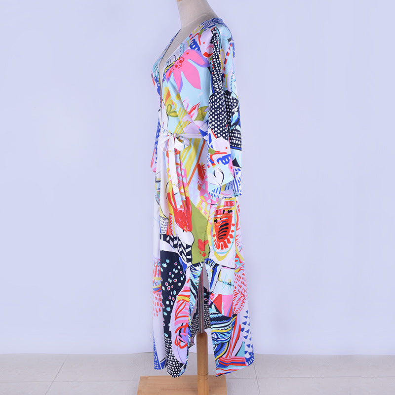 Rayon Printed Mid Length Beach Sun Protection Cardigan Beach Cover Up Swimsuit Outwear Shawl