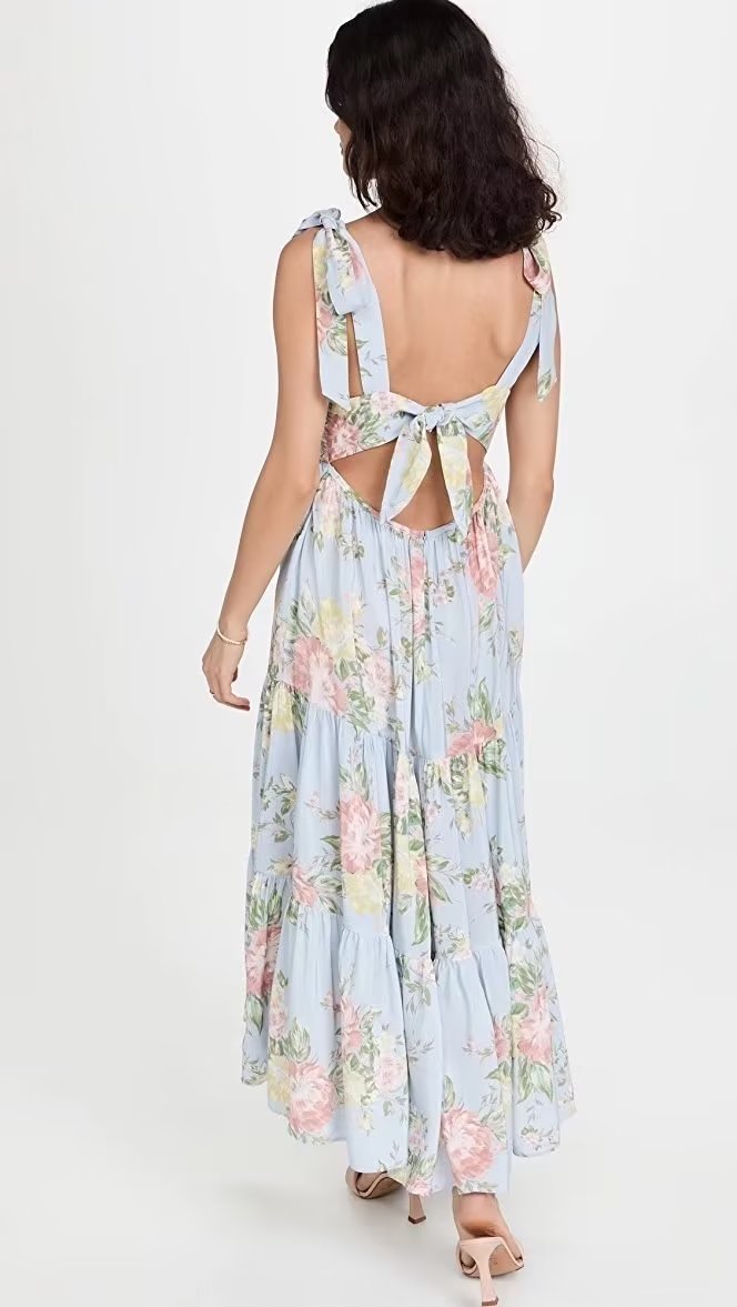 Women Clothing French High Waist Slimming Printed Backless Lace up Back Bow Tie Dress
