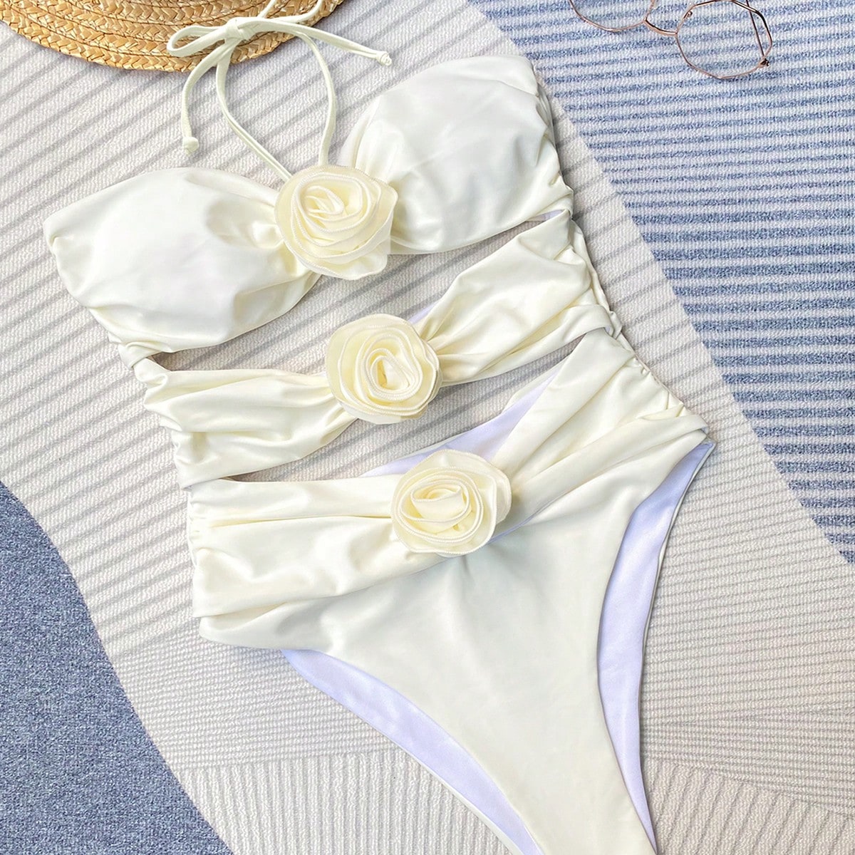 Bikinx Monochrome Halter Neck Flower Decoration Sexy One Piece Swimsuit