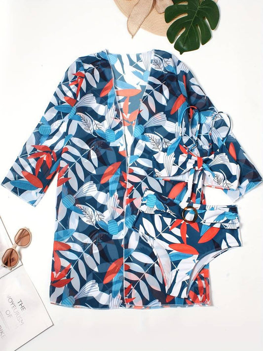 Bikini de cintura alta con estampado de tres piezas de malla sexy, traje de baño conservador para mujer, traje de baño dividido