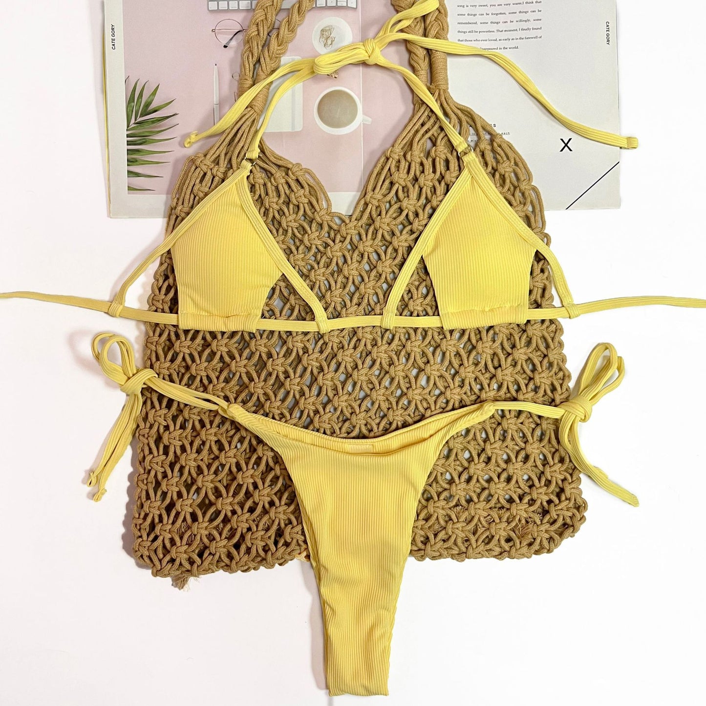 Traje de baño de tela especial con tiras hundidas, traje de baño sexy de tres piezas, bikini para mujer