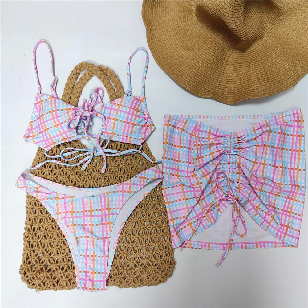 Maillot de bain imprimé trois pièces pour femme, ensemble bikini fendu