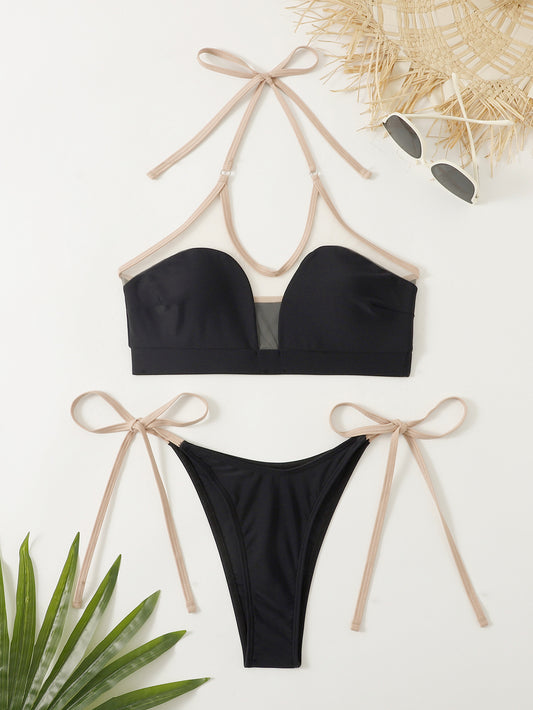 Maillot de bain bikini fendu à lacets et coutures en maille pour femme