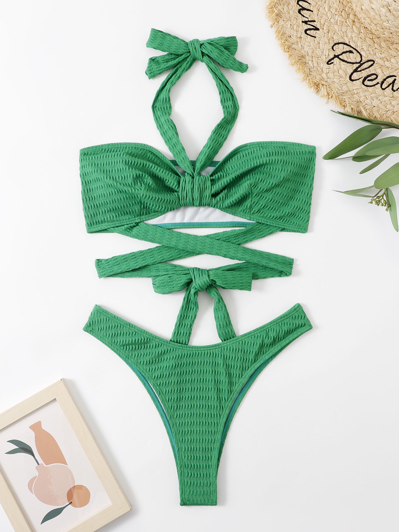 Bikini croisé en tissu plissé à lacets et à bretelles pour femme