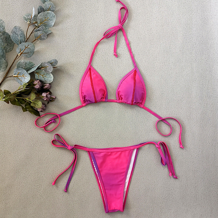 Women Bright Line Color Blooming Bandage Bikini Two Piece Set