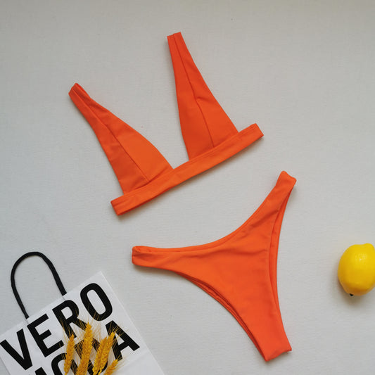 Maillot de bain bikini double face en tissu uni pour femme, triangle fendu, souple