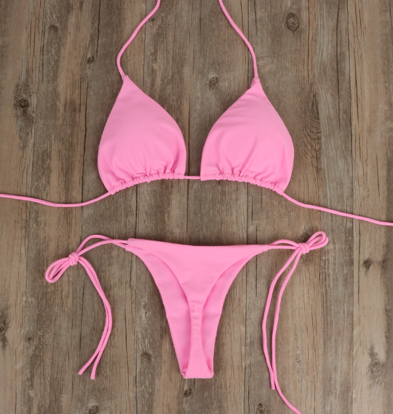 Traje de baño de bikini de color sólido con tirantes, sexy, de tela de poliéster y almohadilla para el pecho.