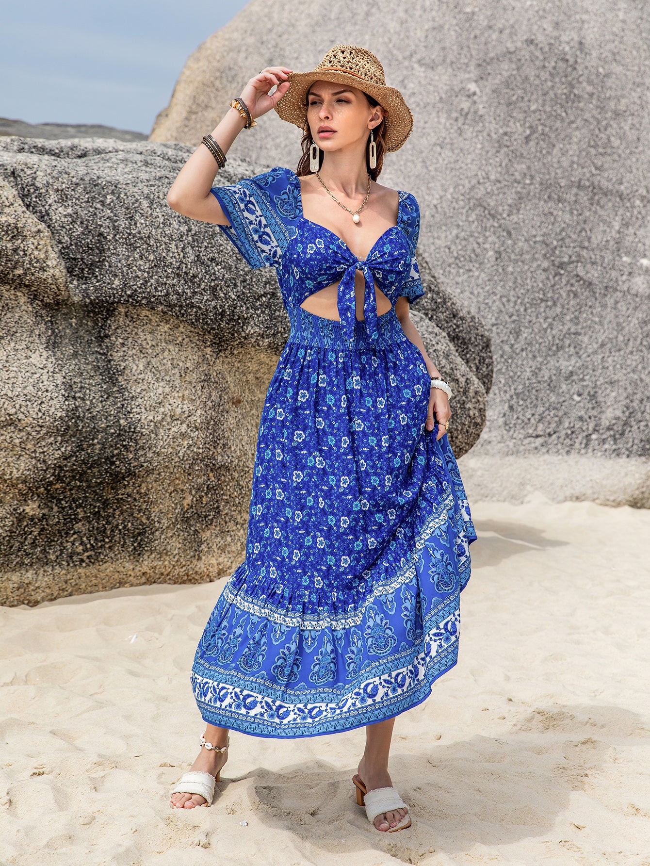 Bohemian Blue Laced Cropped Outfit Short Sleeve Dress Dress