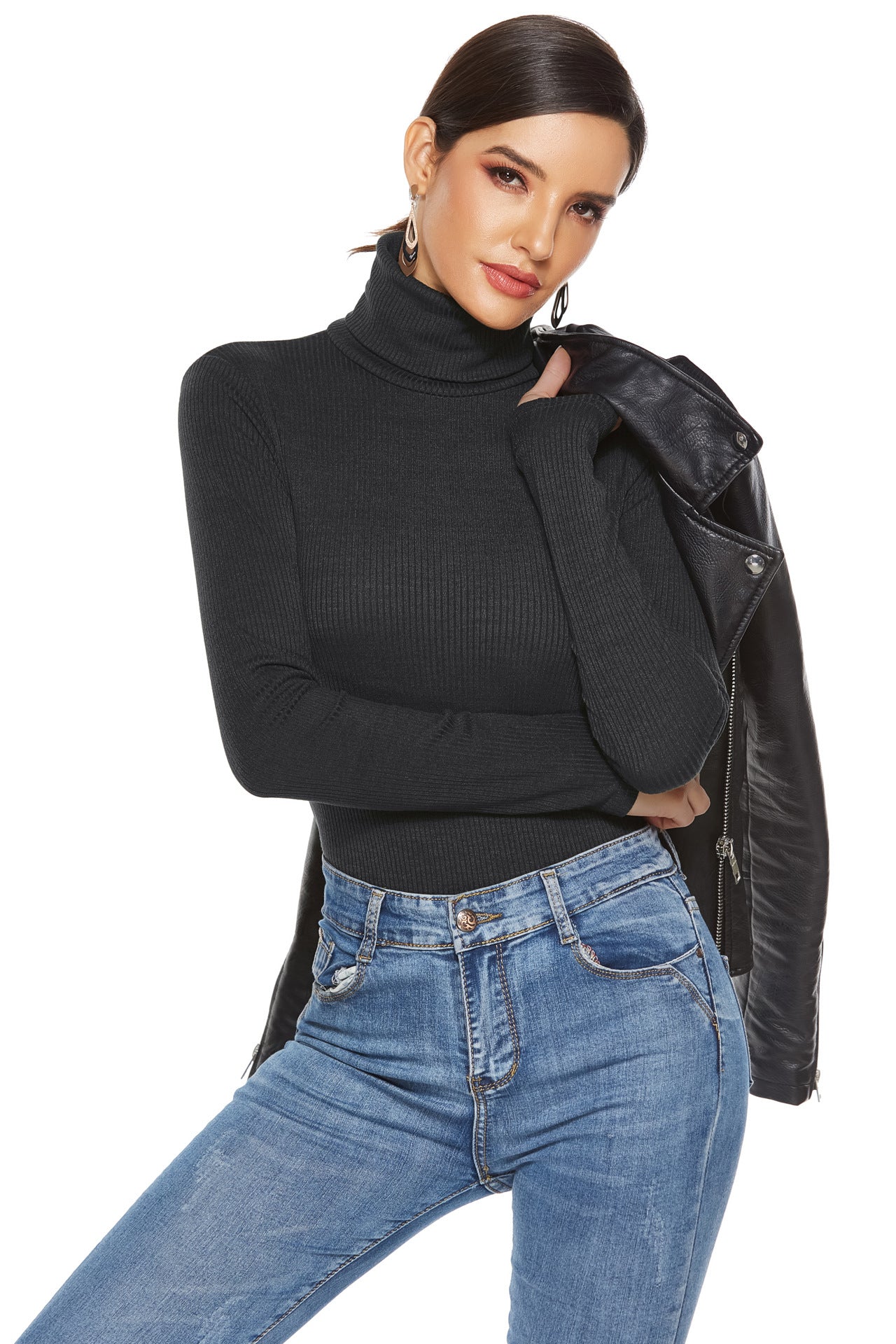 Autumn Winter Women Clothing Sweater Long Sleeve Turtleneck Slim Bottoming Shirt Solid Color Triangle Sexy Knitted Jumpsuit