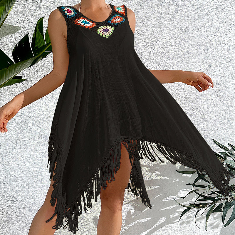 Holiday Crochet Block Stitching Irregular Asymmetric Tassel Hollow Out Cutout Beach Bikini Cover Up Dress