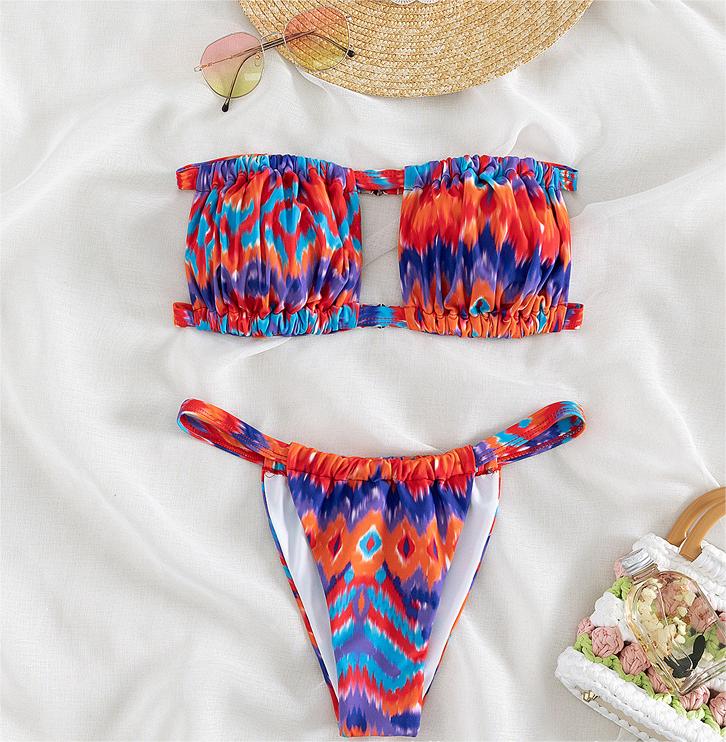 Traje de baño de bikini sexy con top de tubo estampado de tres puntos