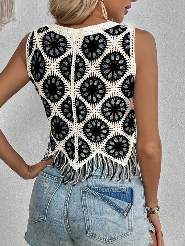Women New Spring and Autumn Crocheted Hollow Tassel Short Vest Top Crochet hook