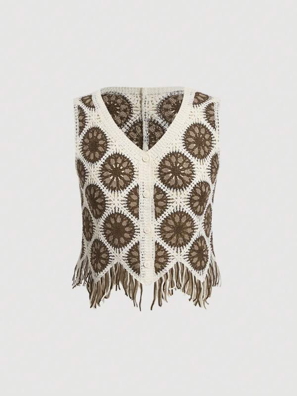 Women New Spring and Autumn Crocheted Hollow Tassel Short Vest Top Crochet hook