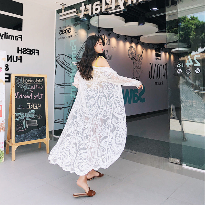 Traje de baño de malla transparente, largo exterior, protección solar, cárdigan bordado de encaje, bikini de playa, chaqueta de playa para mujer