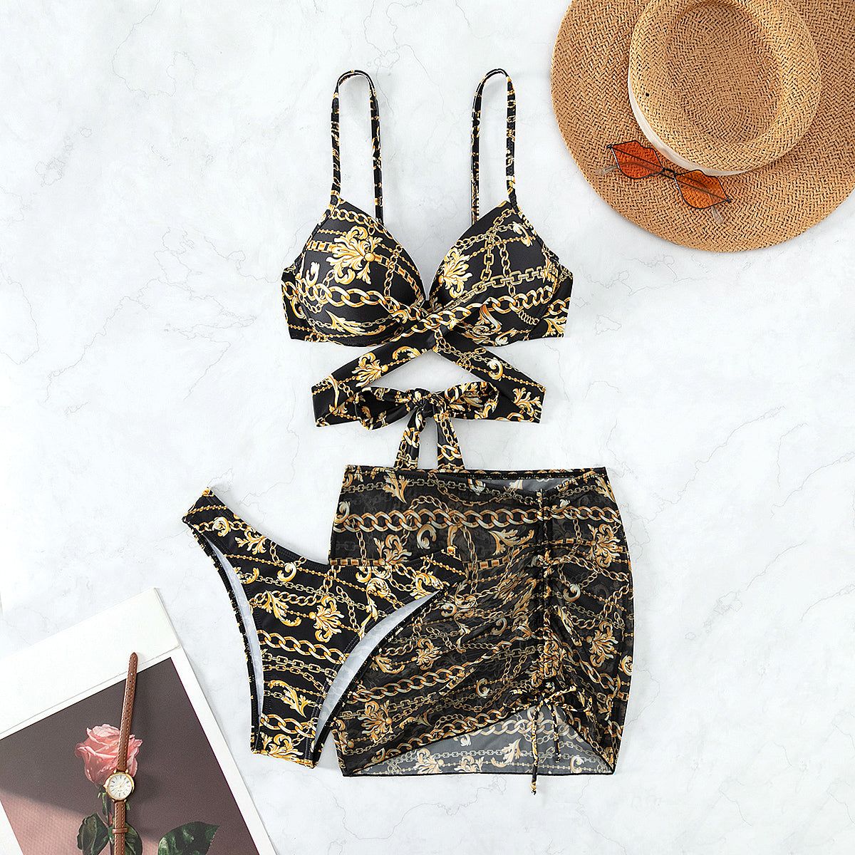 Bikini sexy traje de baño para mujer de tres piezas con soporte de acero push up estampado con cordones traje de baño