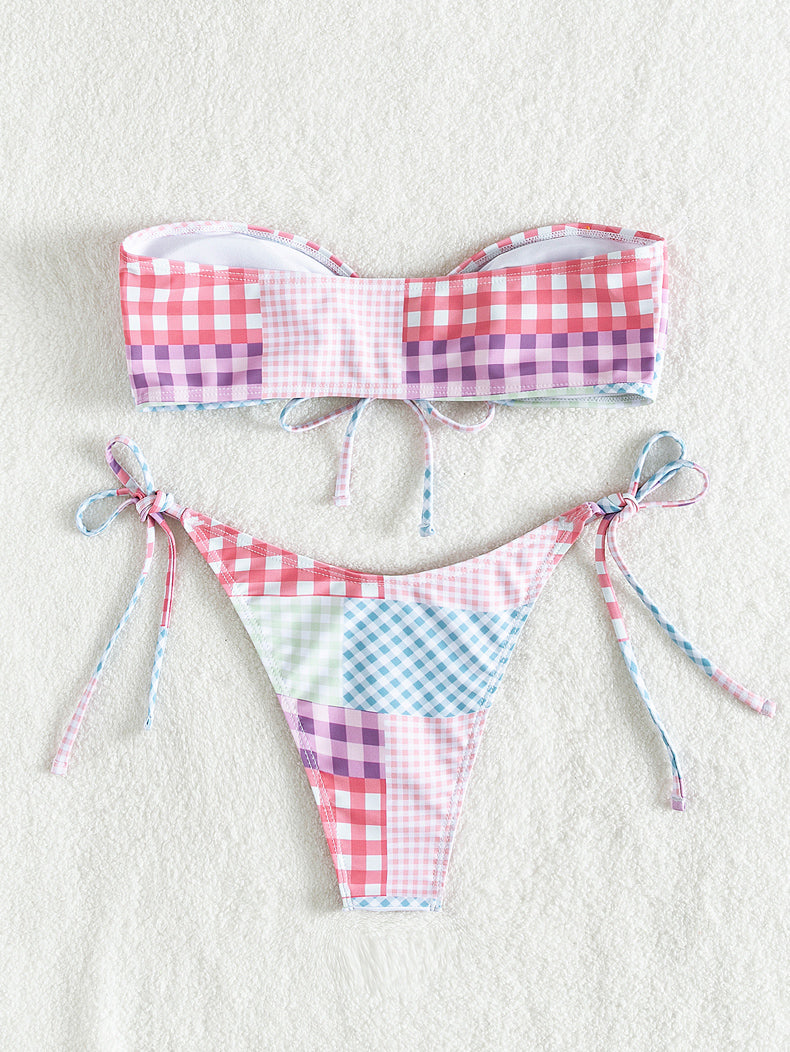 Bikini sexy a cuadros con cordones y parte superior de tubo, traje de baño dividido para mujer