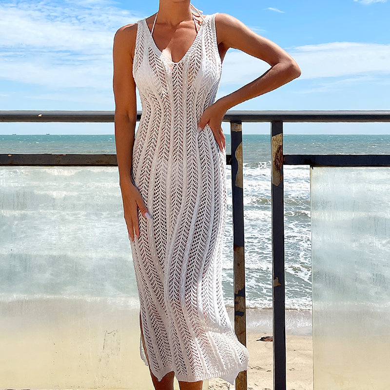 Women Clothing Travel Vacation Sexy V-neck Solid Color Breathable Long Dress Beach Sun Shield Crochet hook