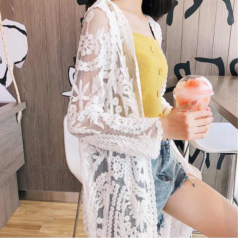 Traje de baño de malla transparente, largo exterior, protección solar, cárdigan bordado de encaje, bikini de playa, chaqueta de playa para mujer