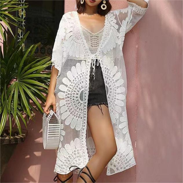 Lace Mid Length Cardigan Shawl Outer Match Sun Protection Clothing Beach Vacation Hollow Out Cutout Women Bikini Seaside Blouse Coat