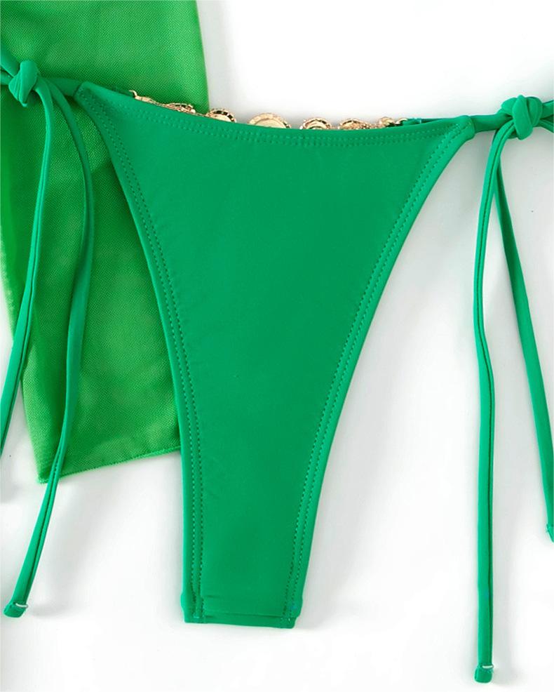 Conjunto de bikini de tres piezas con cadena de metal sexy de color sólido