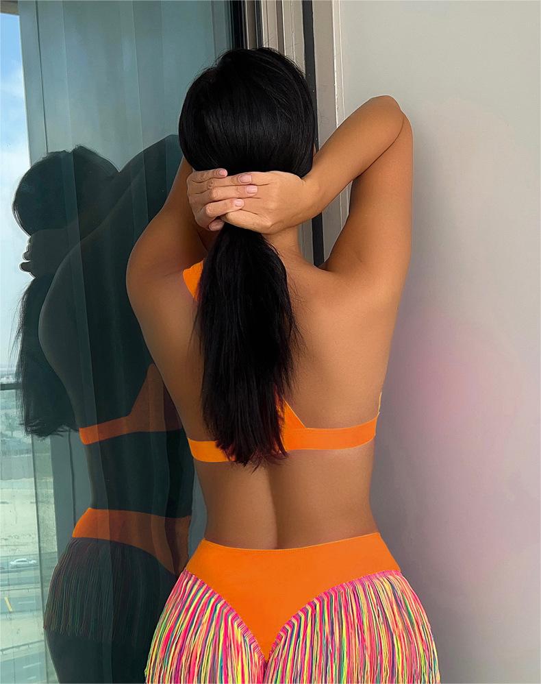 Bikini sexy traje de baño para mujer color sólido un hombro borla traje de baño