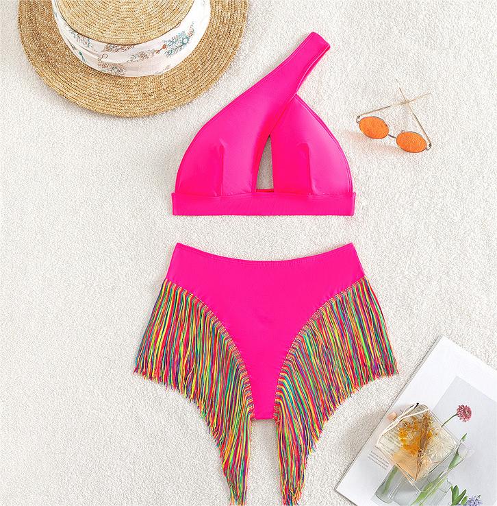 Bikini sexy traje de baño para mujer color sólido un hombro borla traje de baño