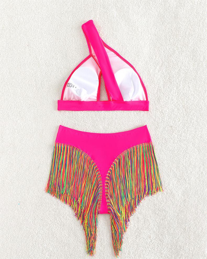 Bikini sexy traje de baño para mujer color sólido un hombro borla traje de baño