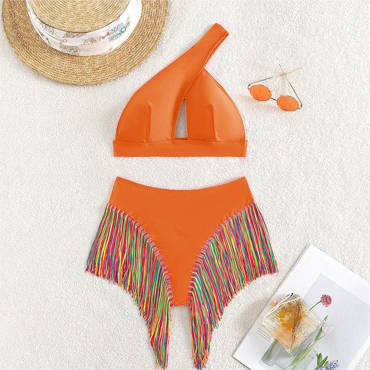 Bikini sexy traje de baño para mujer color sólido un hombro borla traje de baño