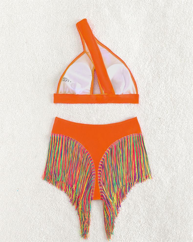 Bikini sexy traje de baño para mujer color sólido un hombro borla traje de baño