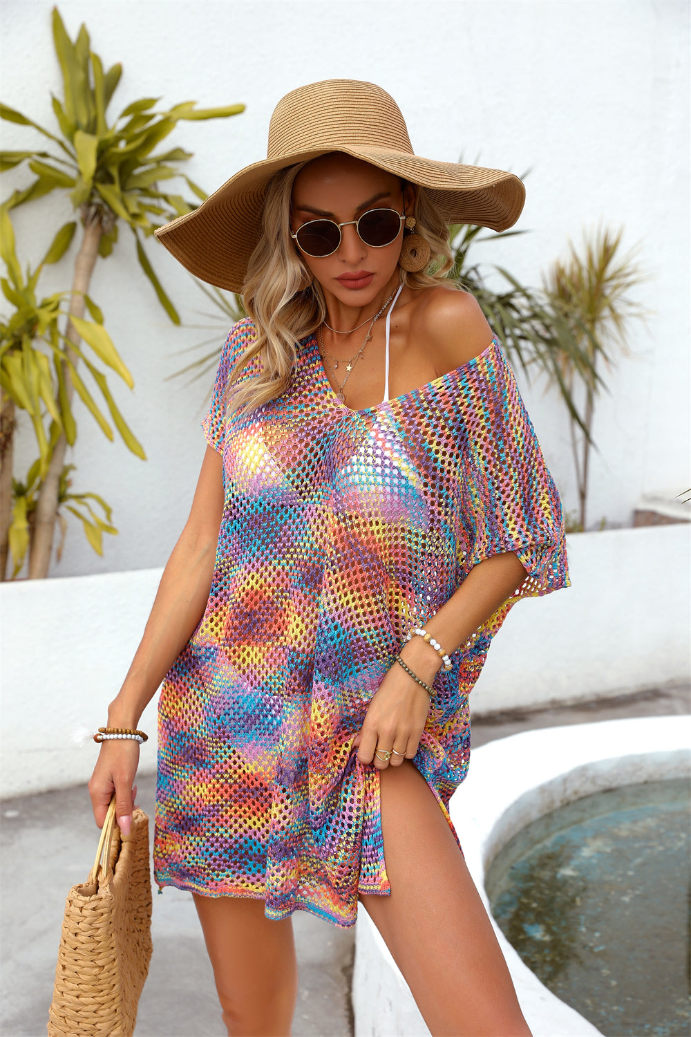 Blusa de verano con costuras de arcoíris, holgada, con recortes, para playa, bikini, prendas de punto